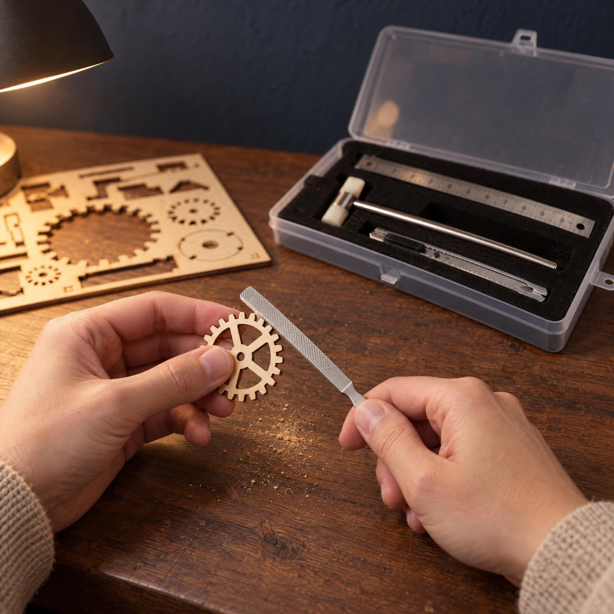 Modelbouwgereedschapsset, ’s avonds aan je bureau met de vijl de rand van een houten tandwiel gladmaken