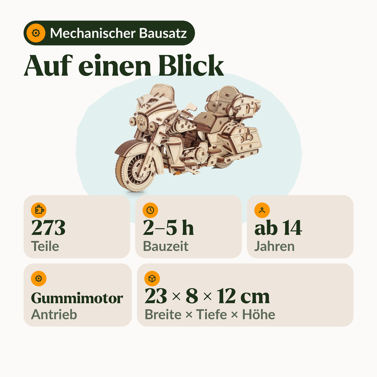 Motorcycle Model Kit, Overview: 273 pieces, 2 to 5 hours assembly time, ages 14 and up, rubber-band motor, 23 × 8 × 12 cm