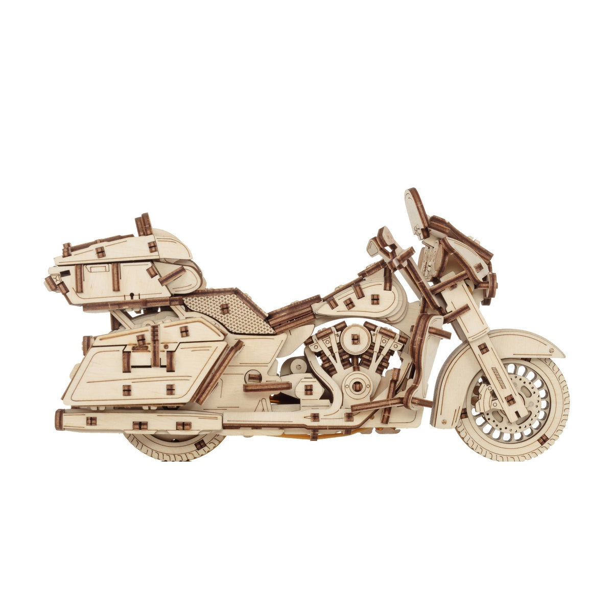 Motorcycle Mechanical Model Kit, cut-out wooden model of the left side on a white background