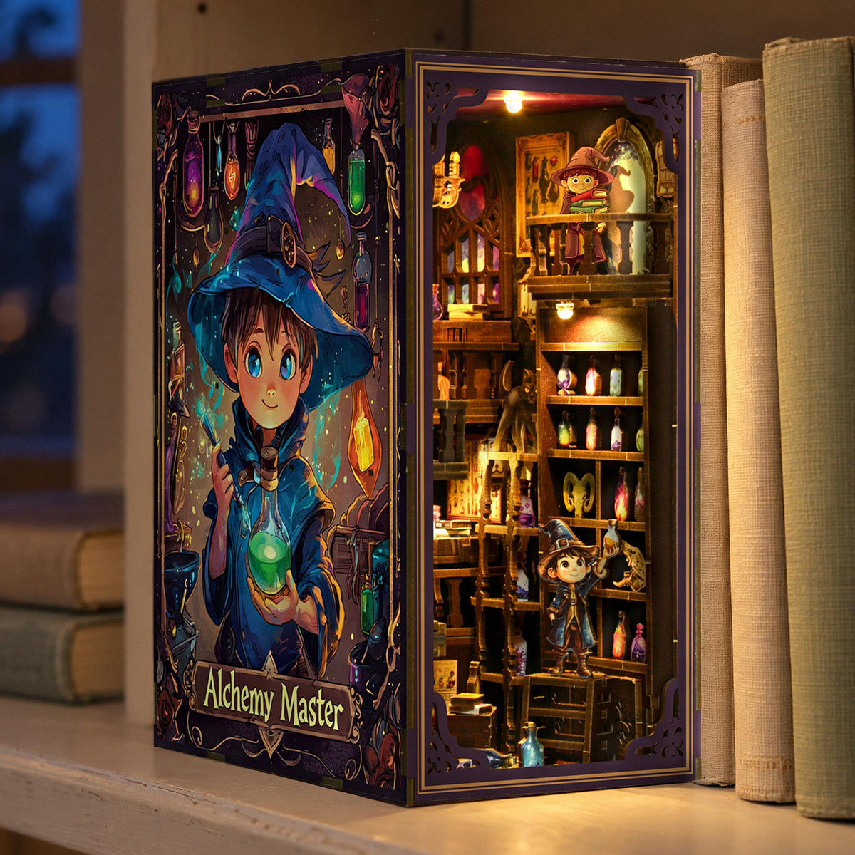 Alchemy Master Book Nook, leuchtendes Alchemie-Labor zwischen hellen Büchern im Regal am Abend
