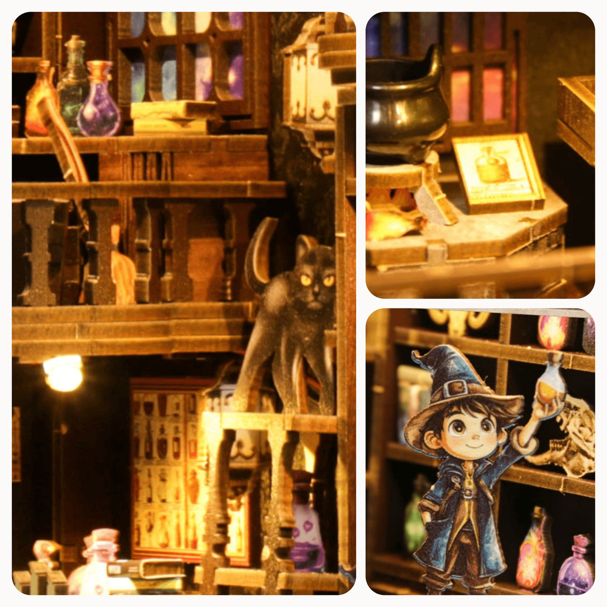 Alchemy Master Book Nook, Close-up Details: Black Cat on the Balcony, Cauldron Over the Fire, Sorcerer's Apprentice