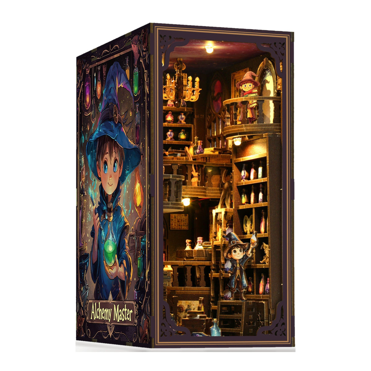 Alchemy Master Book Nook (unboxed), angled view featuring the Sorcerer's Apprentice side panel and illuminated laboratory