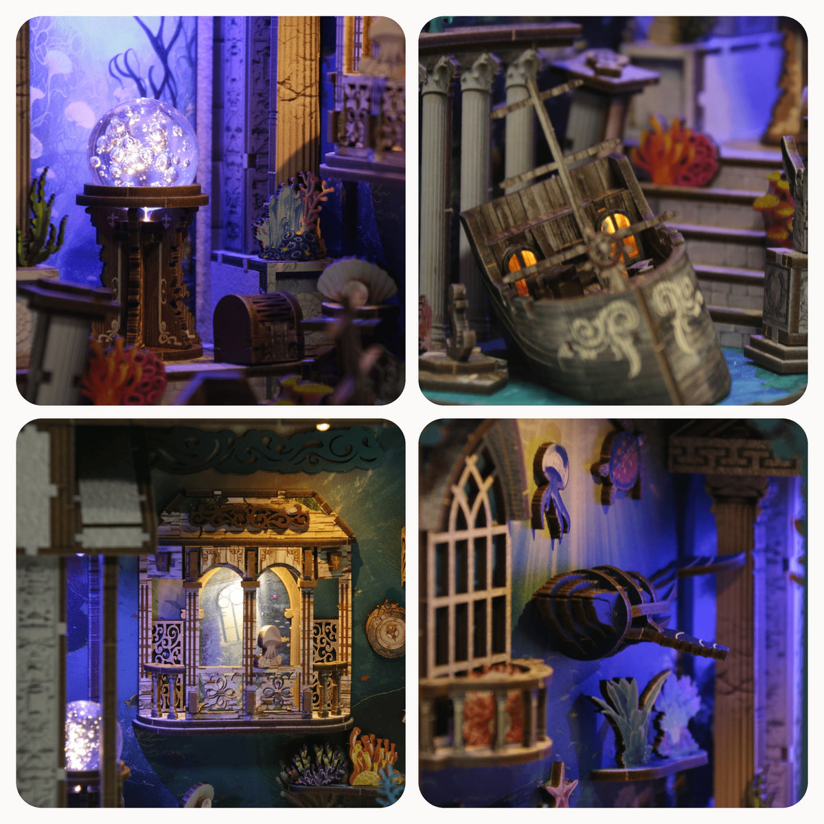 Deep Sea Treasures Book Nook, gros plans sur une boule lumineuse, une épave avec un coffre au trésor, des fenêtres en arc et des colonnes