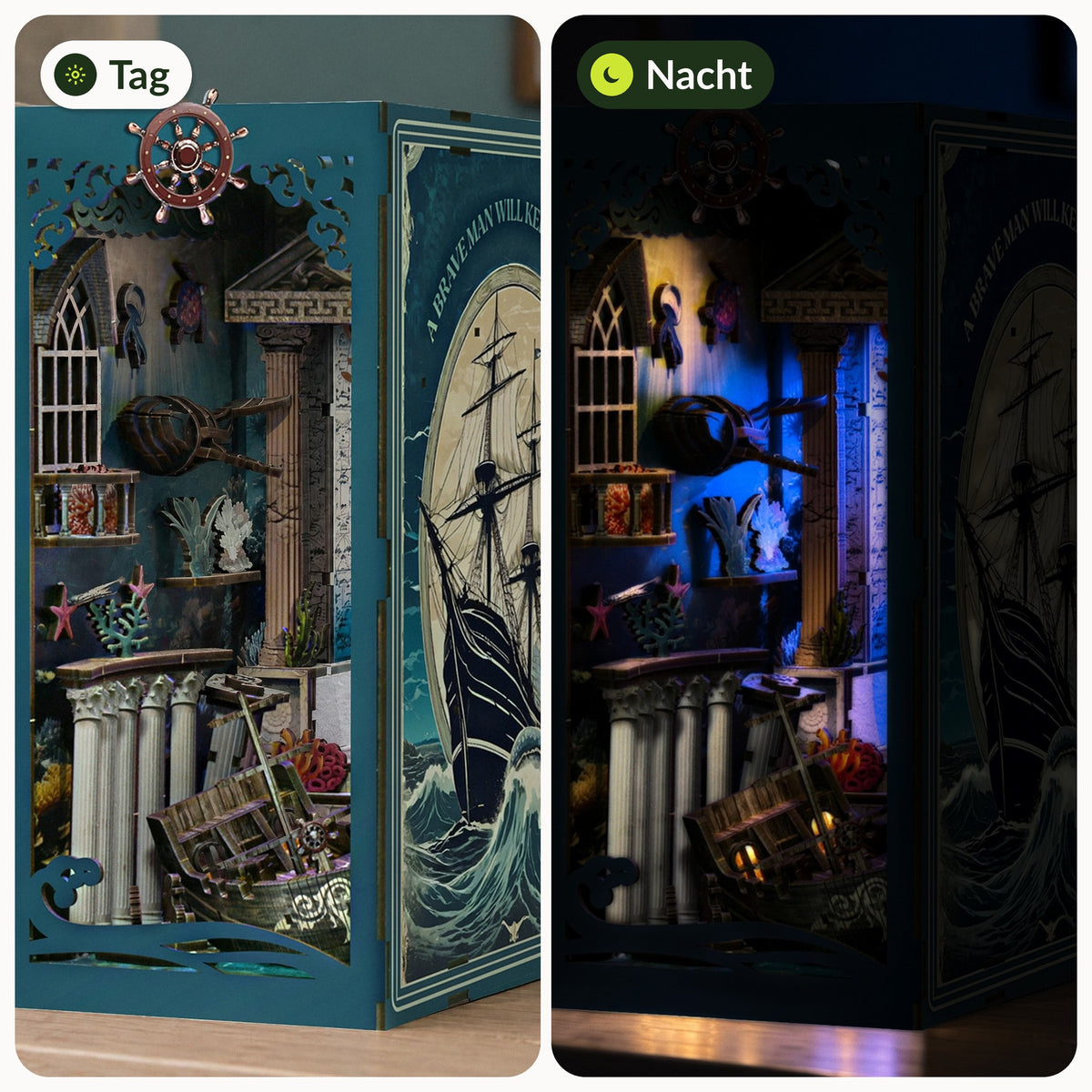 Deep Sea Treasures Book Nook : à gauche, à la lumière du jour sans éclairage ; à droite, le soir, avec la LED allumée