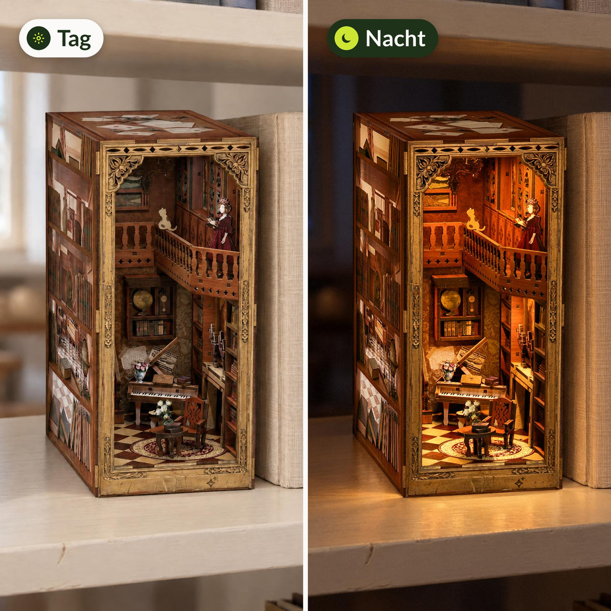 Grimm's Little House Book Nook: on the left in daylight without lighting; on the right in the evening with the LED lights on