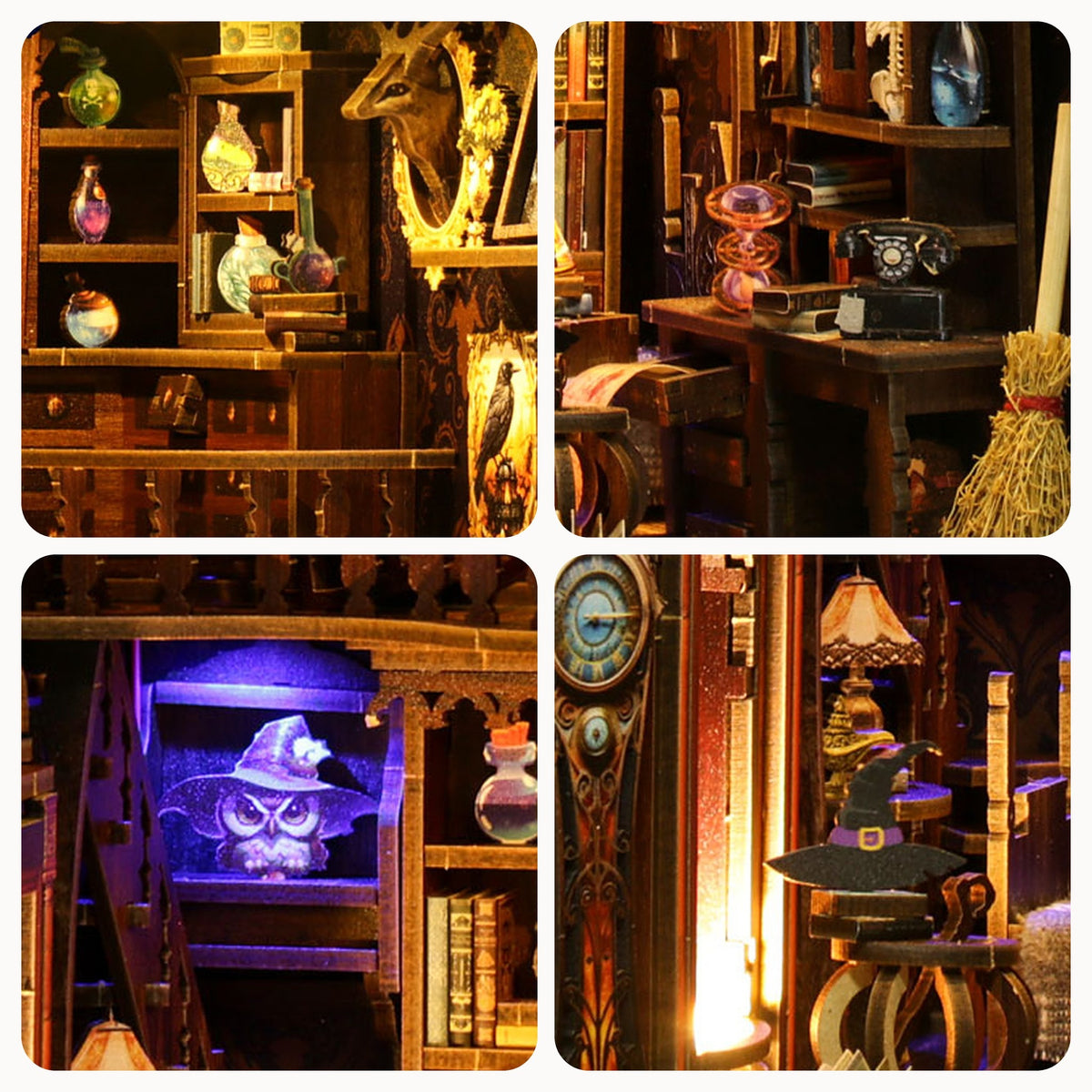 Magic Lab Book Nook, details binnenkant: planken vol toverdrankjes, een bureau met telefoon, een uilenhoekje en een staande klok