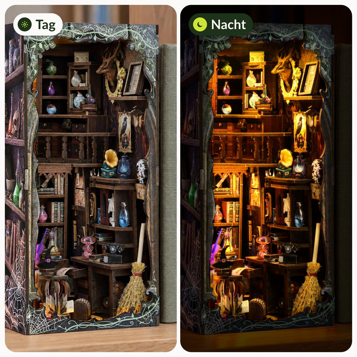 Magic Lab Book Nook, dag en nacht op de plank: links het licht uit bij daglicht, rechts een brandende LED ’s avonds