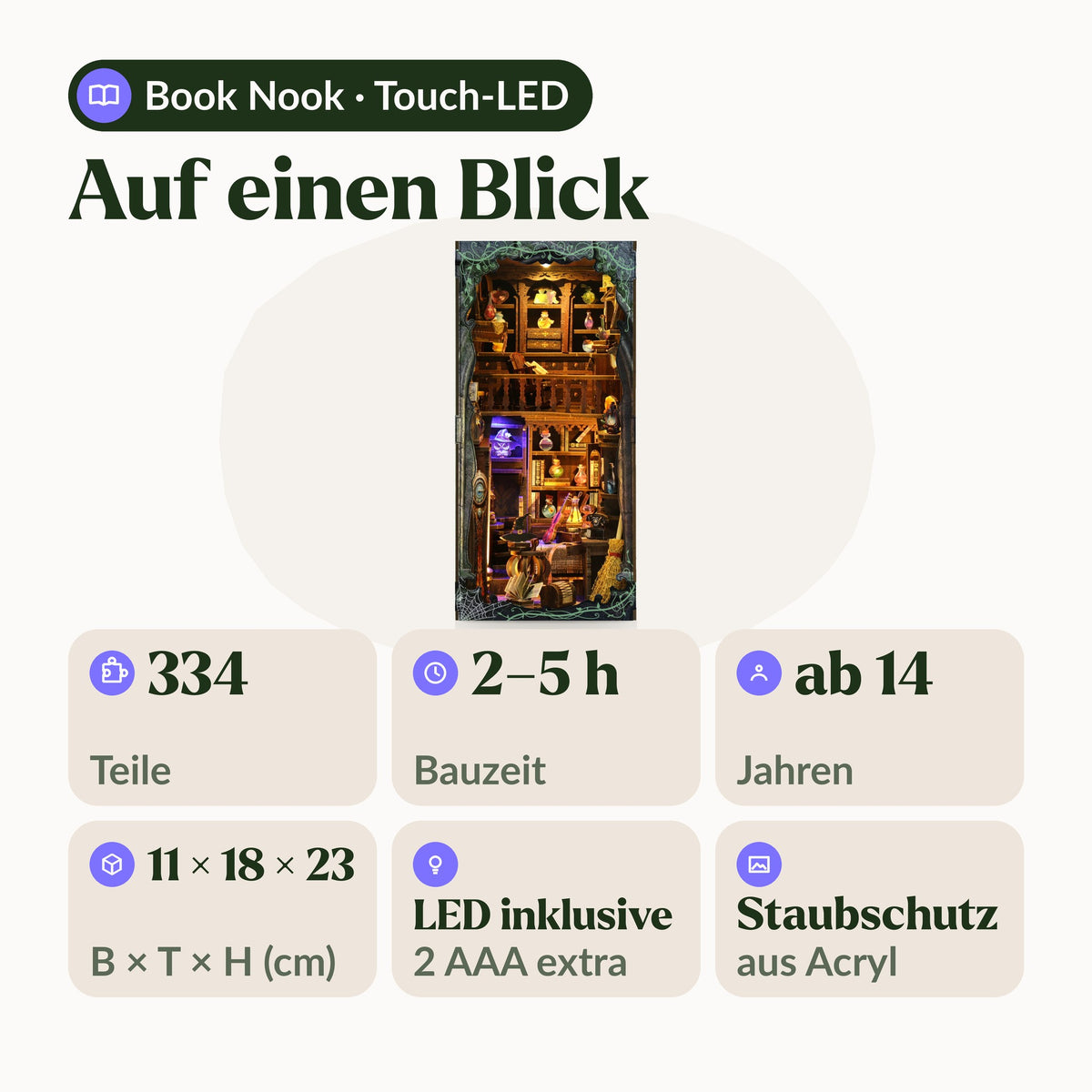 Magic Lab Book Nook, in één oogopslag: 334 onderdelen, 2 tot 5 uur, vanaf 14 jaar, 11 × 18 × 23 cm, inclusief touch-LED, stofhoes