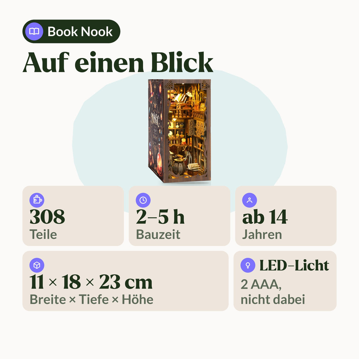 MagicNight Book Nook, infographic with 308 pieces, 2 to 5 hours of assembly time, ages 14 and up, 11 × 18 × 23 cm, and LED light