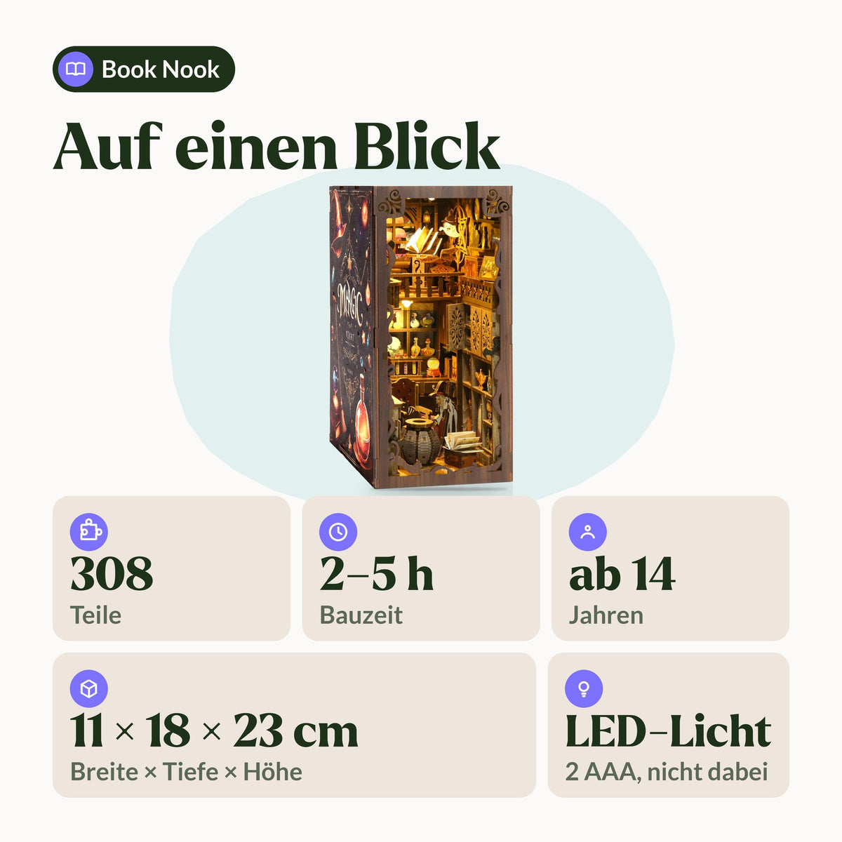 MagicNight Book Nook, infographic met 308 onderdelen, bouwtijd 2 tot 5 uur, vanaf 14 jaar, 11 × 18 × 23 cm en LED-verlichting