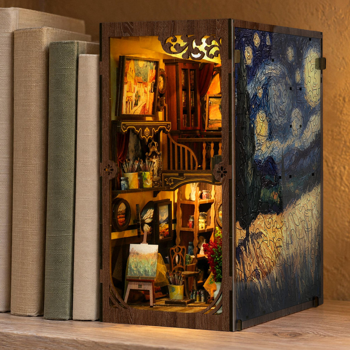 Van Gogh Book Nook | "Starry Night" from Saint-Rémy, glowing among the books on the shelf in the evening