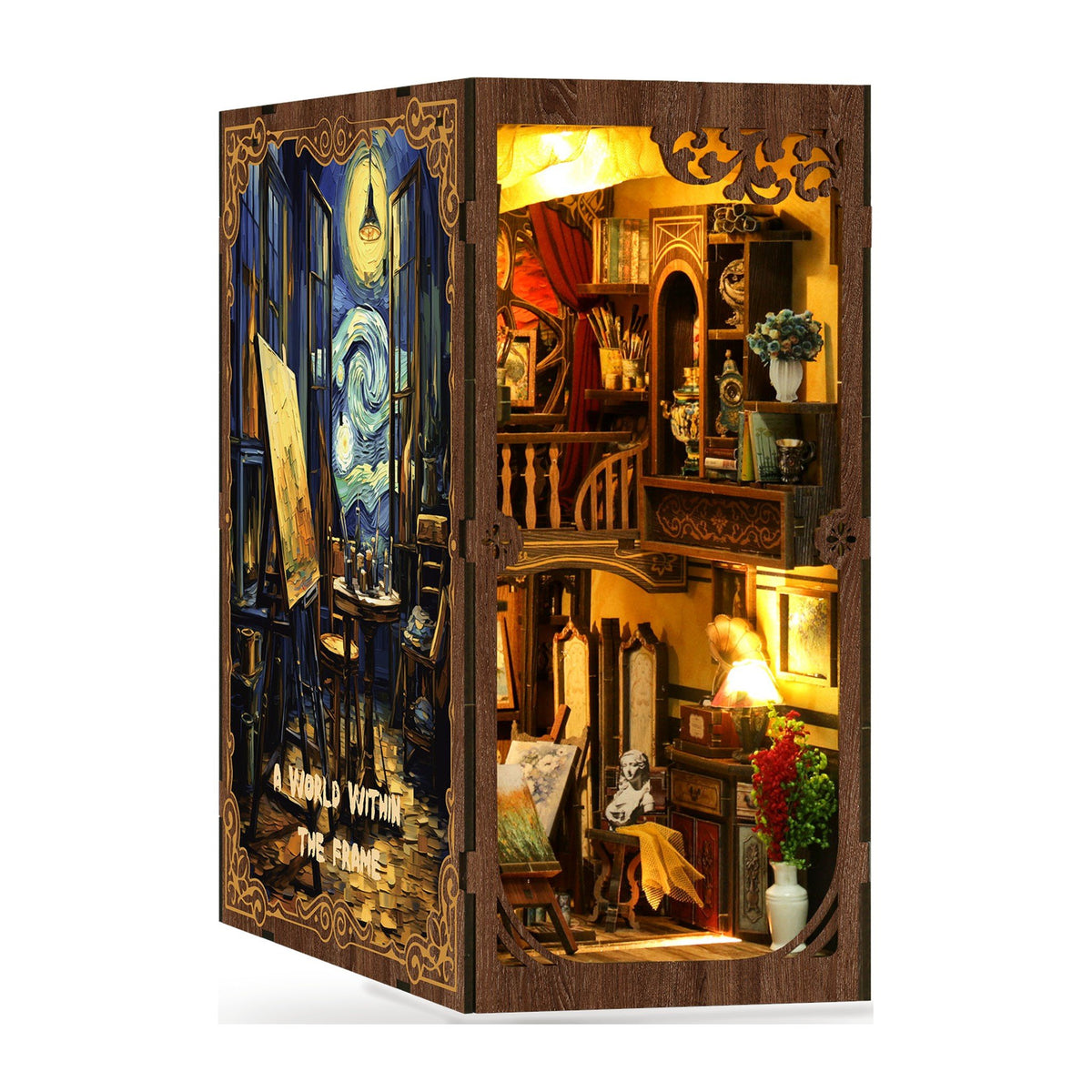 Van Gogh Book Nook | Nuit étoilée de Saint-Rémy, image détourée, page avec la couverture « A World within the Frame »