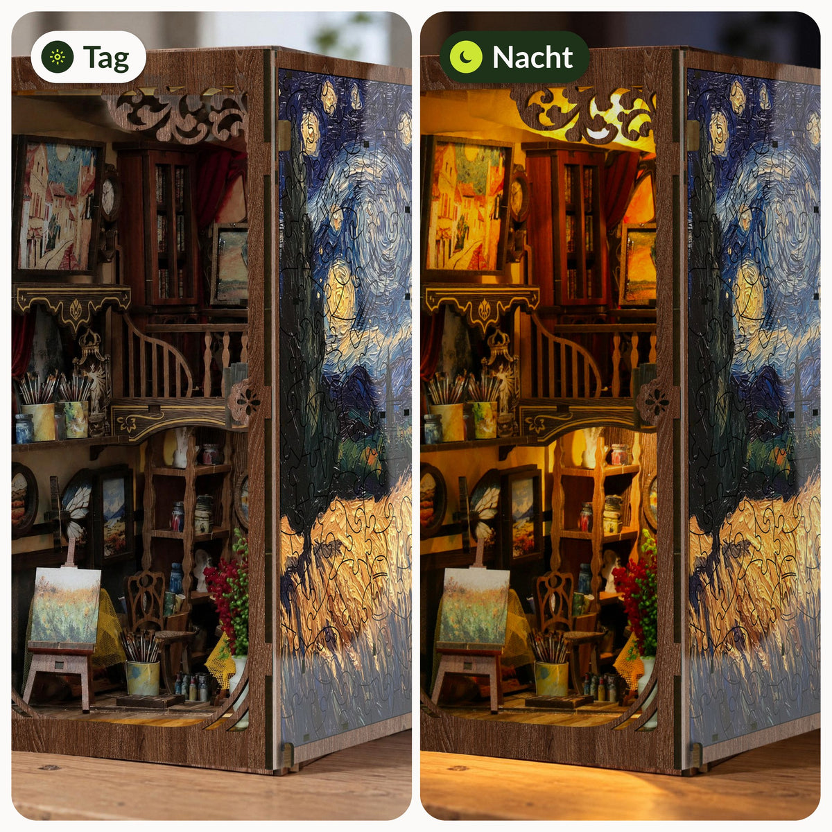 Van Gogh Book Nook | Nuit étoilée de Saint-Rémy, comparaison : lumière éteinte pendant la journée, lumière LED chaude sur l'étagère le soir