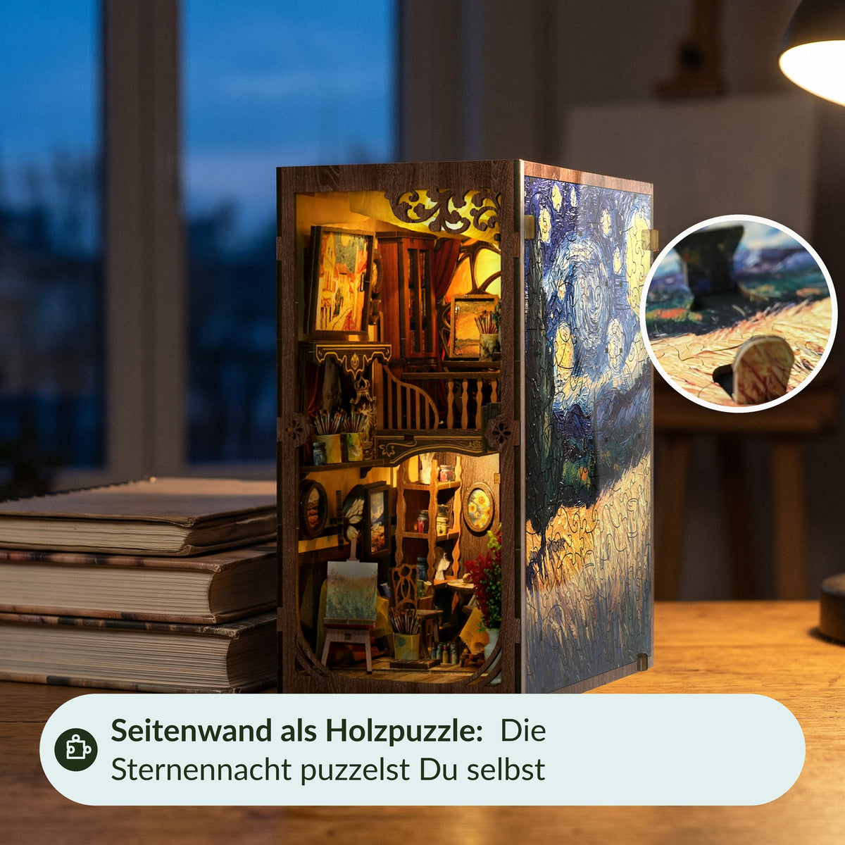Van Gogh Book Nook | La Nuit étoilée de Saint-Rémy, panneau latéral sous forme de puzzle en bois avec des joints visibles