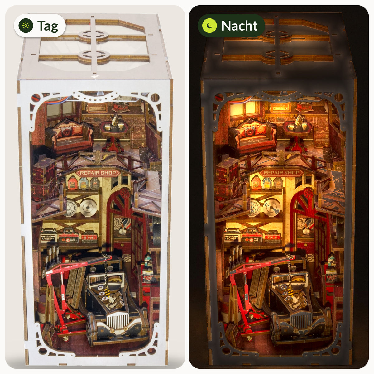Vintage Car Mechanic Book Nook, from the front: left in daylight, right in the evening with the LED light on