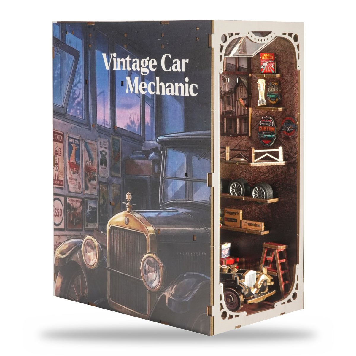 Vintage Car Mechanic Book Nook, cropped: side panel featuring a classic car and the title, with a cream-colored decorative frame