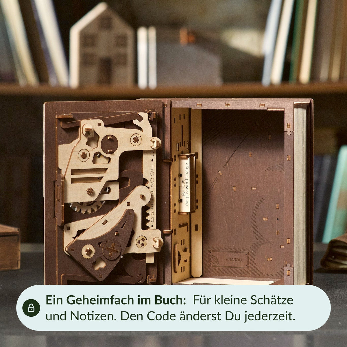 The Book of Secrets open on the shelf; on the left, the wooden mechanism of the lock; on the right, the empty secret compartment