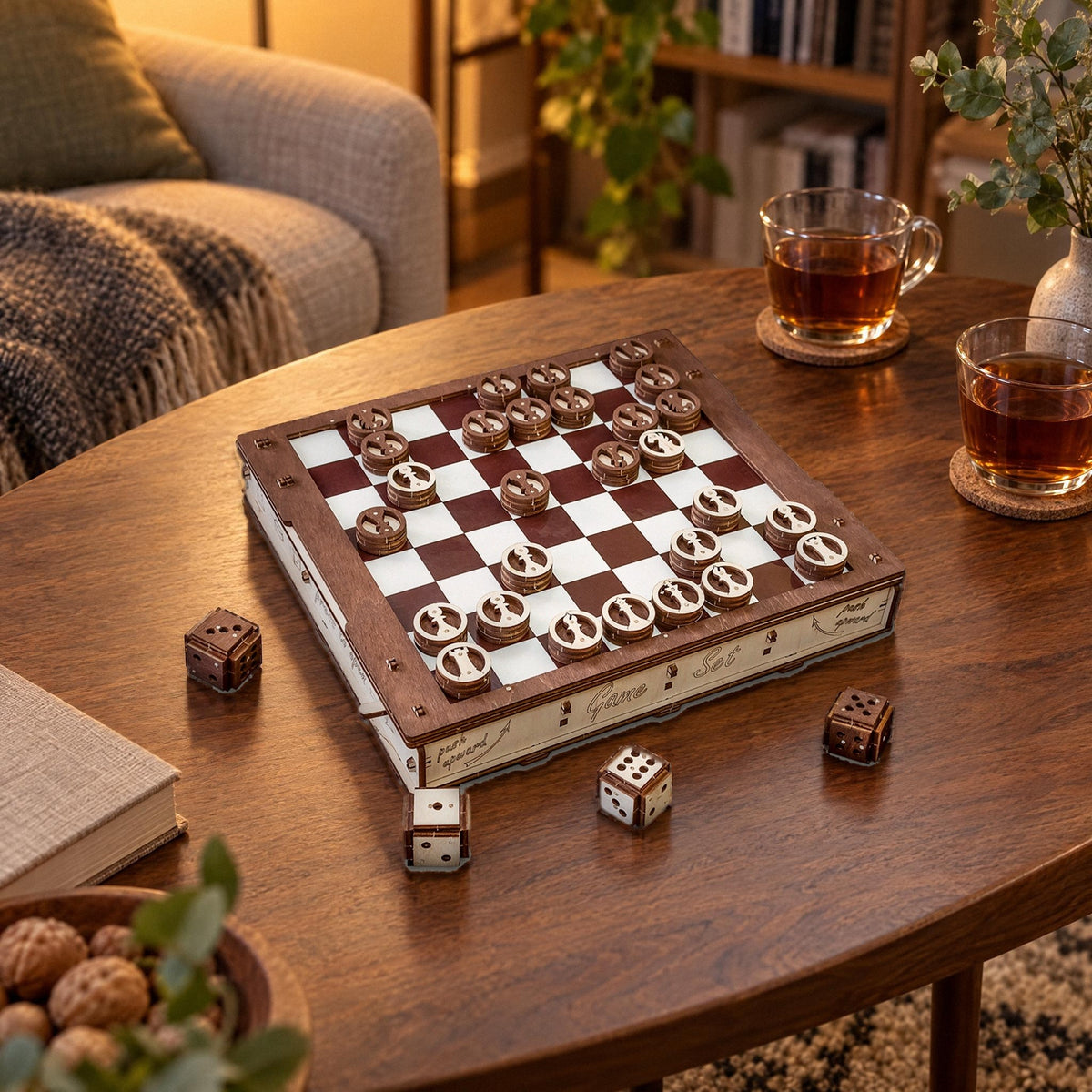 Wooden game set with chess pieces and dice on the coffee table during game night, wooden kit by Eco-Wood-Art