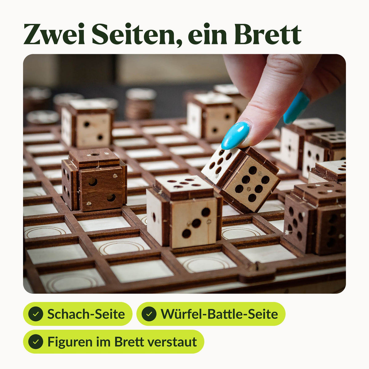 Game set featuring a wooden board with a "Dice Battle" side; one hand places a die: chess, Dice Battle, and a compartment for the pieces