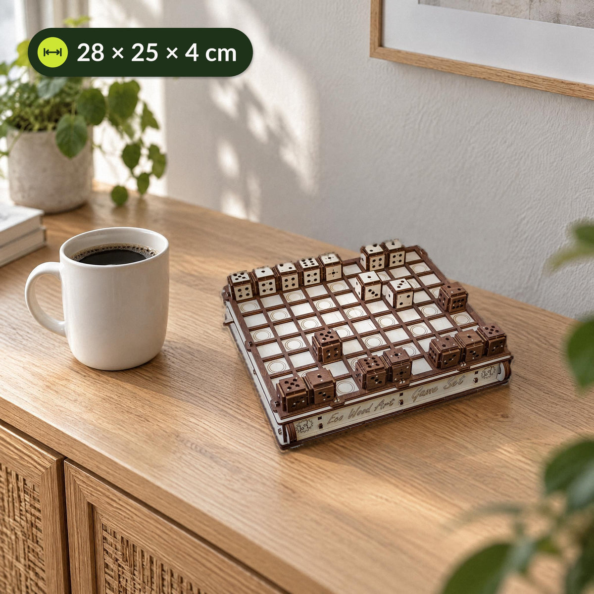 Wooden play set next to a coffee cup on the sideboard, measuring 28 × 25 × 4 cm, wooden kit