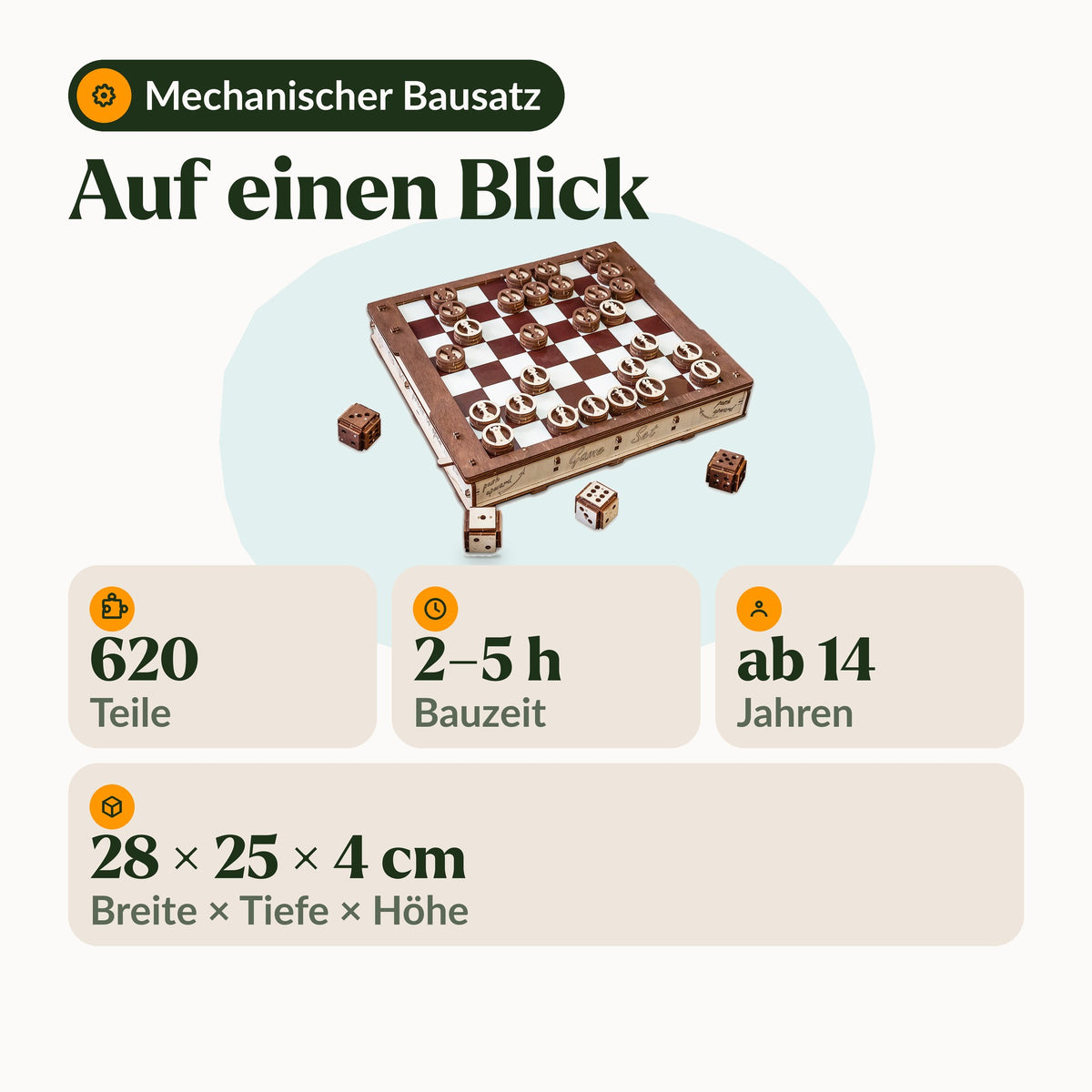 Toy Set Kit, Overview: 620 pieces, 2 to 5 hours to build, ages 14 and up, 28 × 25 × 4 cm
