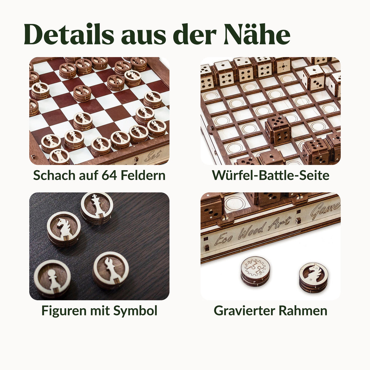 Wooden game set, four details: chess on a 64-square board, dice battle side, pieces with symbols and an engraved frame