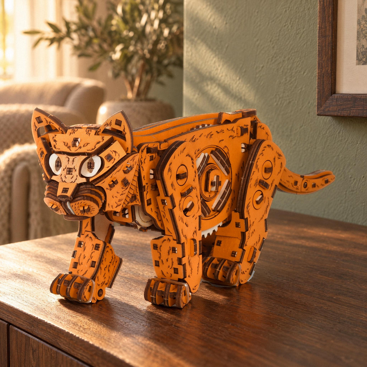 Ginger, un chaton mécanique en bois orange, posé sur un buffet en noyer dans le salon, baigné par le soleil du soir