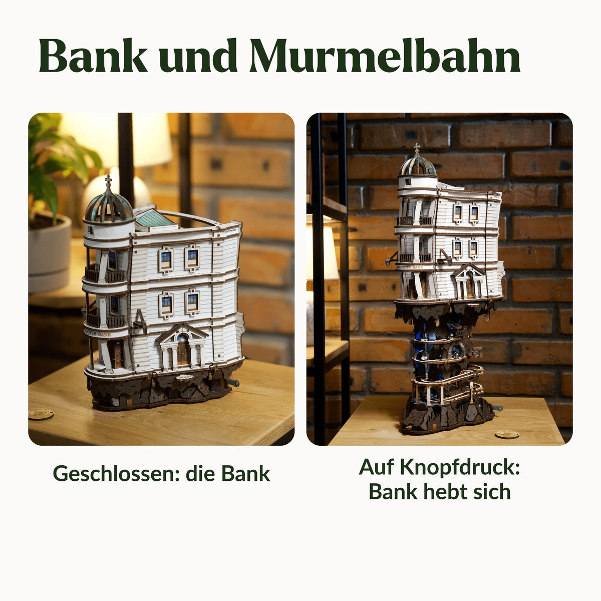 Gringotts Bank Marble Run deux-en-un : la banque est fermée sur son socle en pierre et, d'une simple pression sur un bouton, elle se soulève pour aller sur la tour