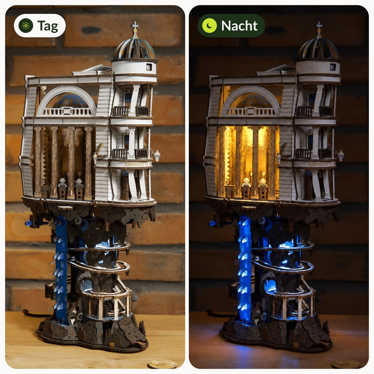 Gringotts Bank Marble Run, de jour comme de nuit : une lumière chaleureuse dans le hall des guichets et un ascenseur en forme de cascade qui brille en bleu
