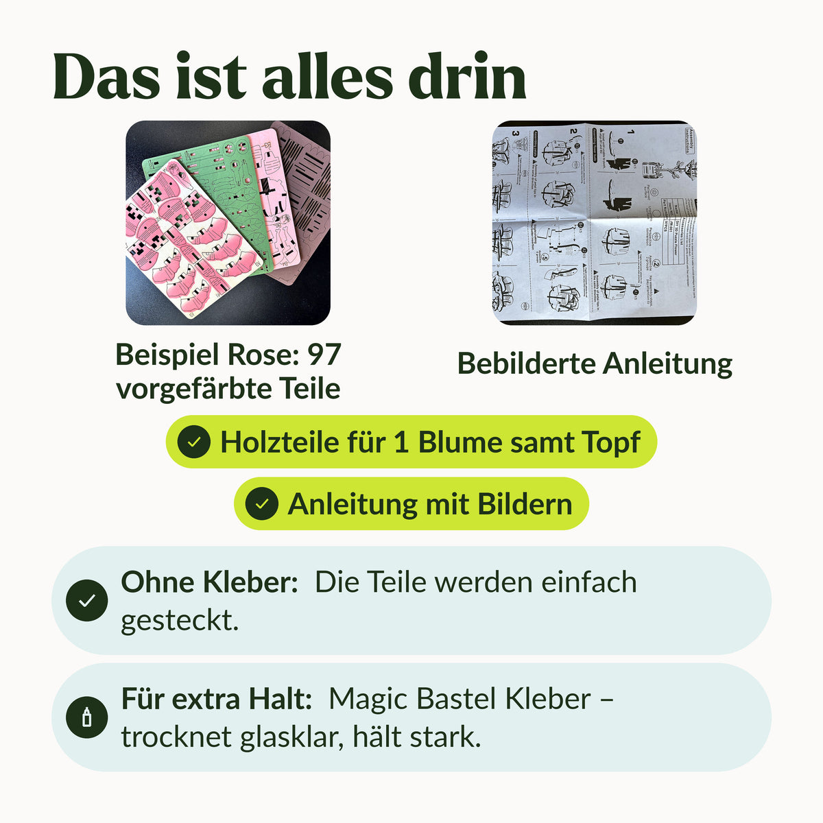 Holzblumen Lieferumfang: vorgefärbte Holzteile für eine Blume samt Topf und bebilderte Anleitung; gesteckt ohne Kleber, für extra Halt Magic Bastel Kleber