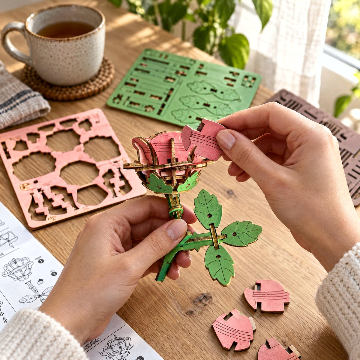 Holzblumen beim Bauen: zwei Hände stecken die Blüte der Holzrose zusammen, Teileplatten und Tee auf dem Holztisch