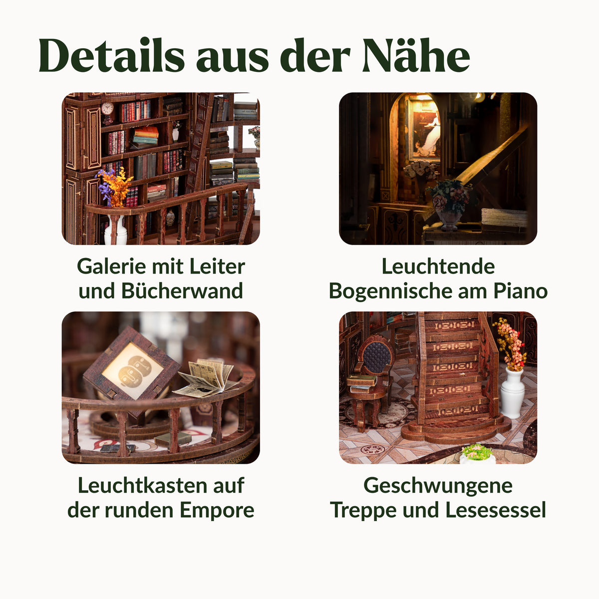 Grand Library Miniaturhaus, Details: Galerie mit Leiter, Nische am Piano, Leuchtkasten und Treppe mit Sessel