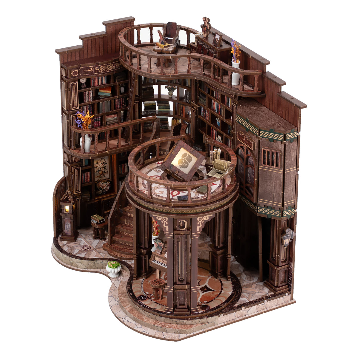 Grand Library Miniaturhaus freigestellt schräg von oben: runde Empore mit Leuchtkasten, Treppe, Galerien und Bücherregale