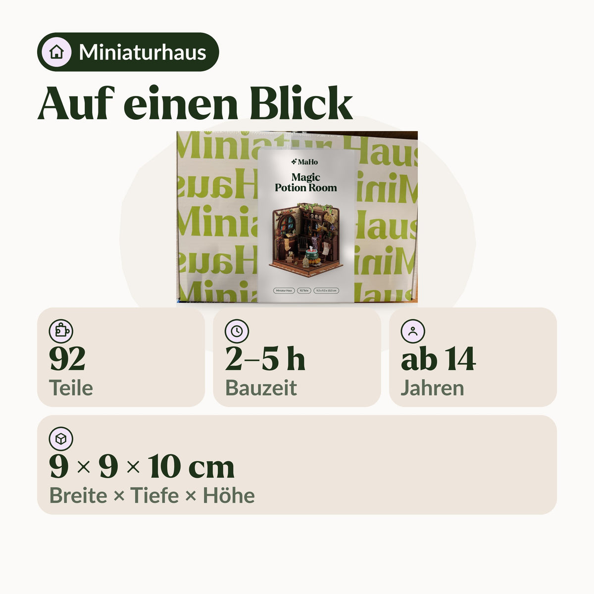 Magic Potion Room Miniaturhaus auf einen Blick: 92 Teile, 2 bis 5 h Bauzeit, ab 14, 9 × 9 × 10 cm