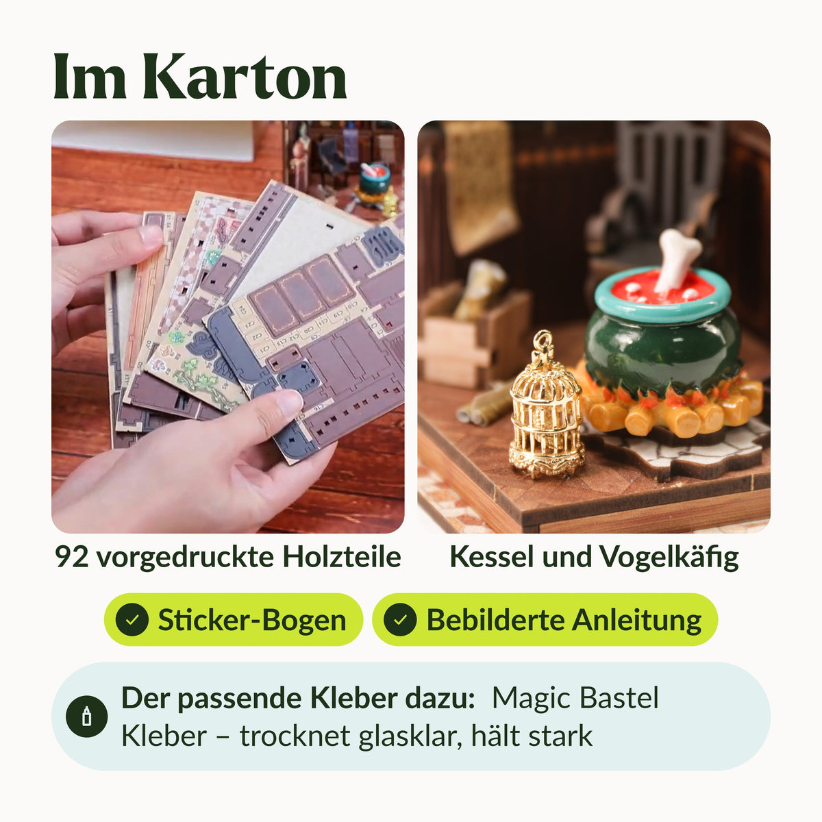 Magic Potion Room Miniaturhaus, Lieferumfang: vorgedruckte Holzteile, Kessel, Vogelkäfig, Sticker, Anleitung