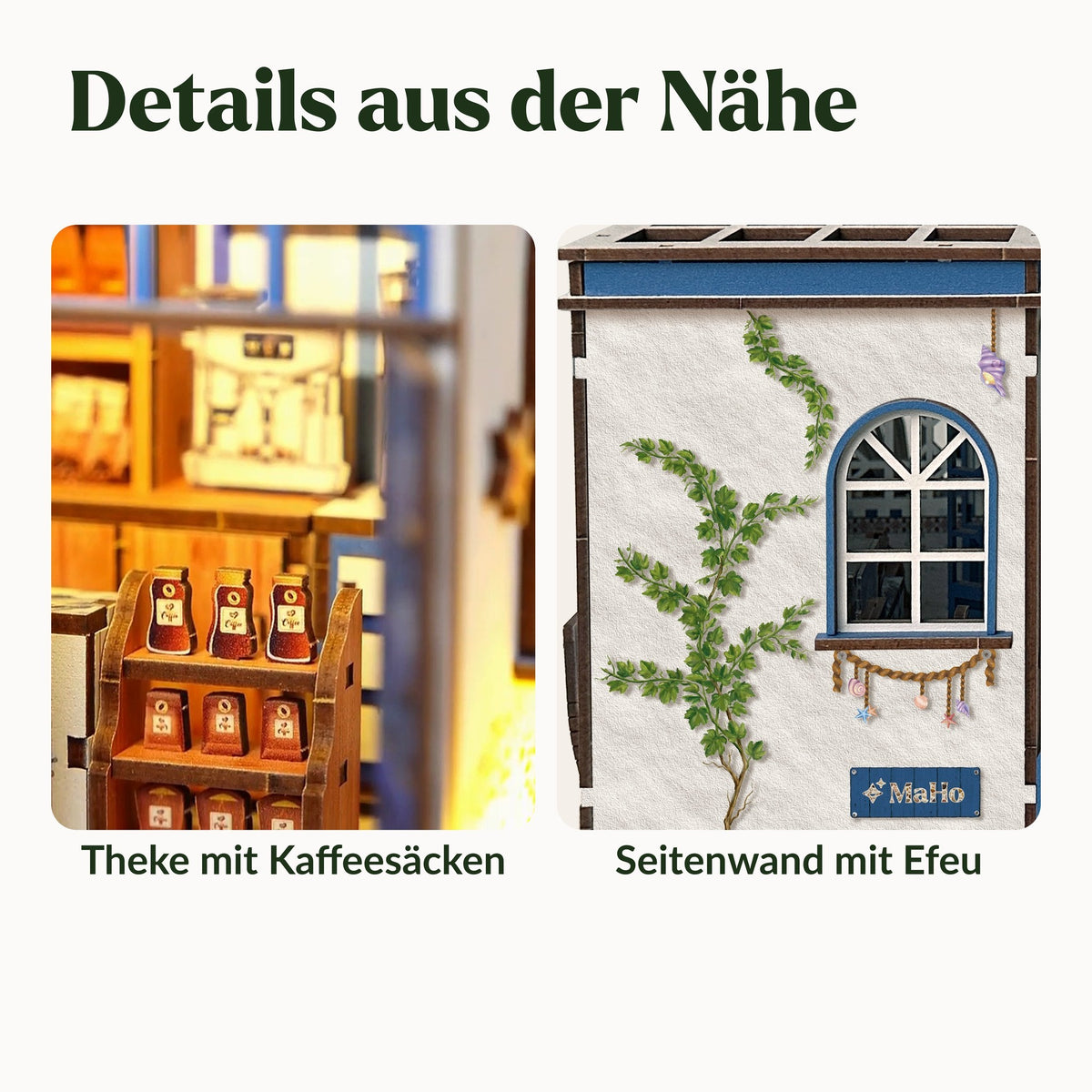 Santorini Café Miniaturhaus, Details: Theke mit Kaffeesäcken und Seitenwand mit Efeu-Druck