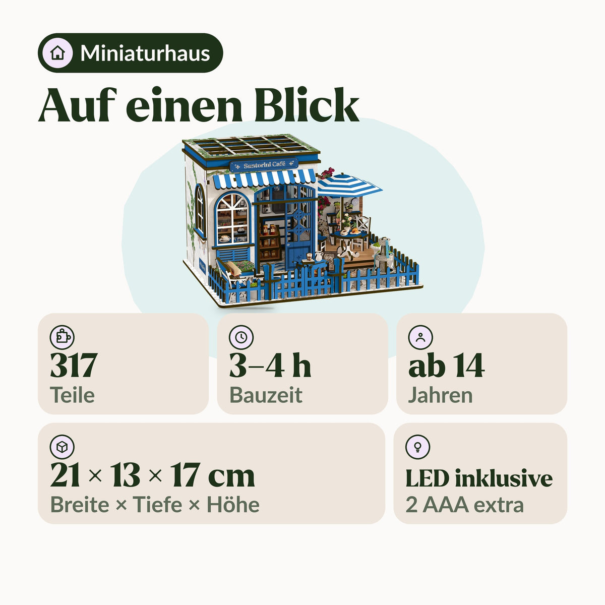 Santorini Café Miniaturhaus, auf einen Blick: 317 Teile, 3–4 h, ab 14 Jahren, 21 × 13 × 17 cm, LED inklusive