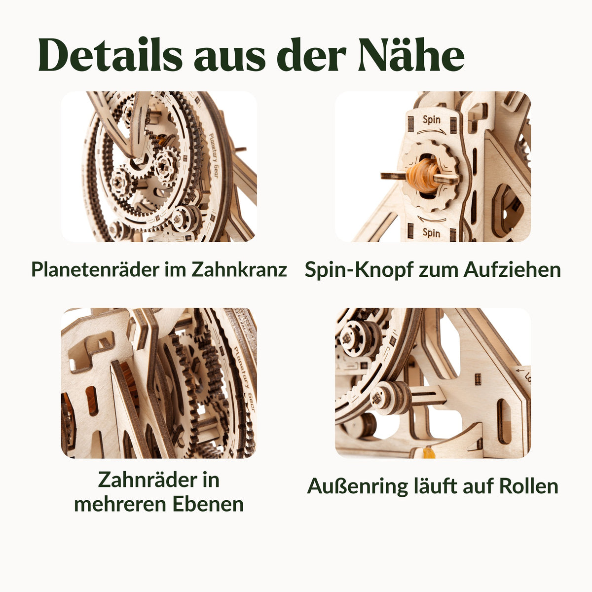 Planetary gear train, four details: planetary gears in the ring gear, spin knob, gear planes, and rollers on the outer ring