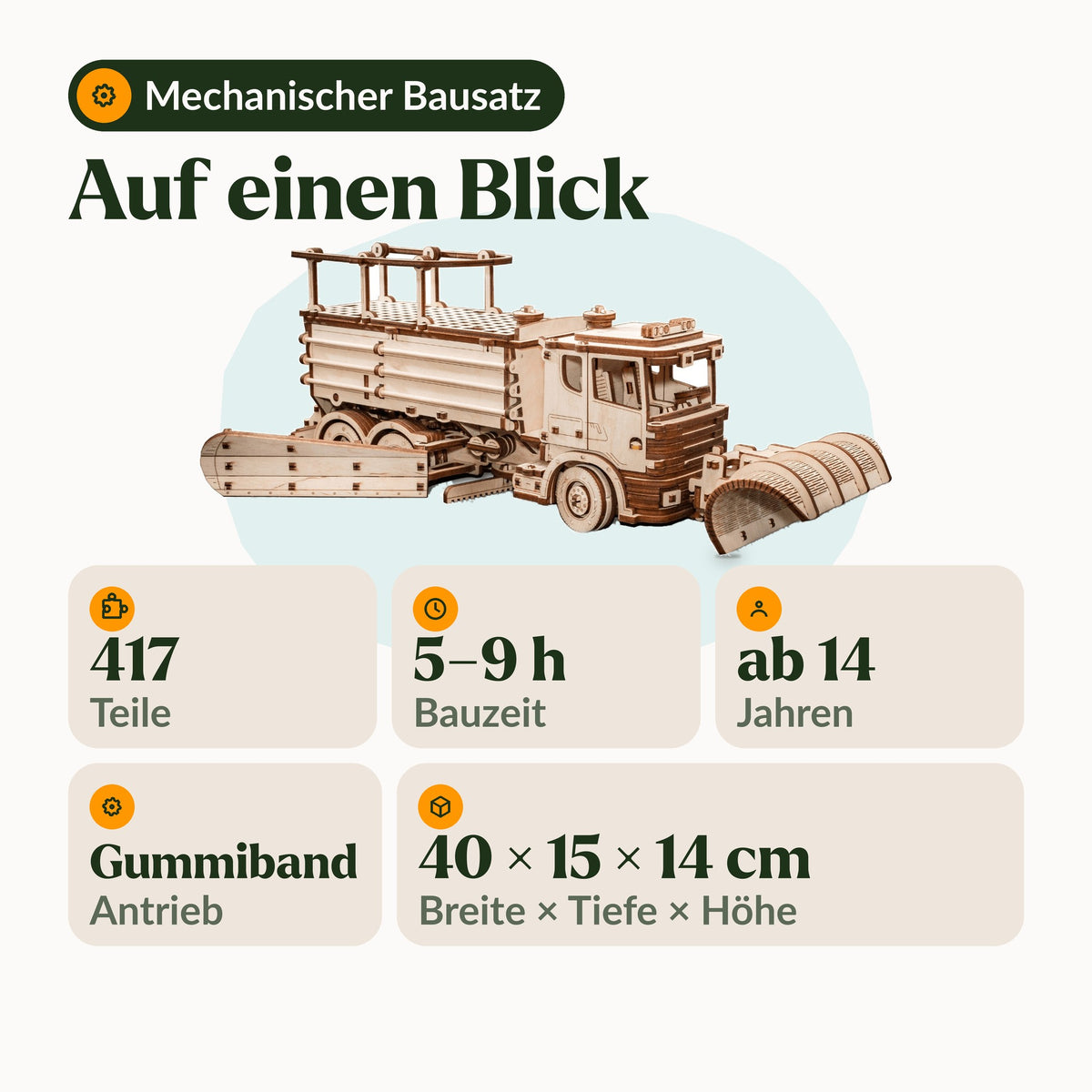 Schneeräumer Bausatz, Übersicht: 417 Teile, 5 bis 9 Stunden Bauzeit, ab 14 Jahren, Gummiband-Antrieb, 40 × 15 × 14 cm