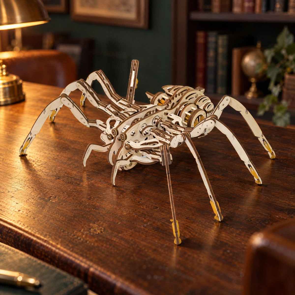 Une araignée mécanique en bois clair posée sur un bureau en noyer dans le bureau, un soir d'automne