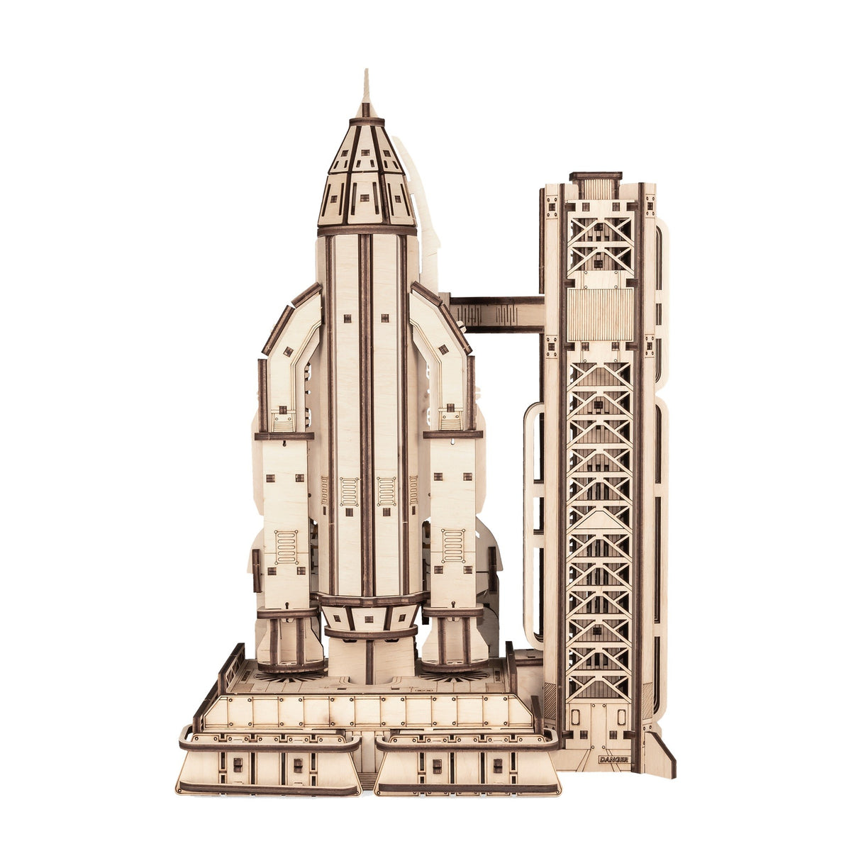 Space Shuttle Mechanical Model Kit, cut-out wooden model with launch tower, viewed from the front on a white background