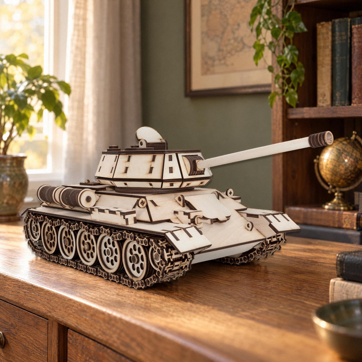 Un char T-34 en bois posé sur un buffet en chêne dans le bureau, la douce lumière de l'après-midi, un kit mécanique