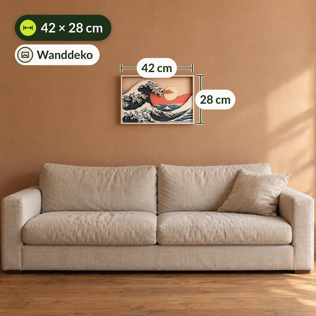 Magic Wall Kunst | 3D-wandkunst, ‘The Great Wave’ boven een bank aan de muur, afmetingen 42 × 28 cm