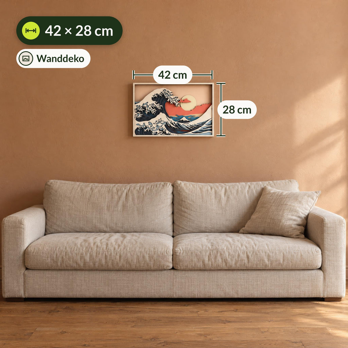 Magic Wall Art | 3D Wall Art, "The Great Wave" on the wall above a sofa, measuring 42 × 28 cm