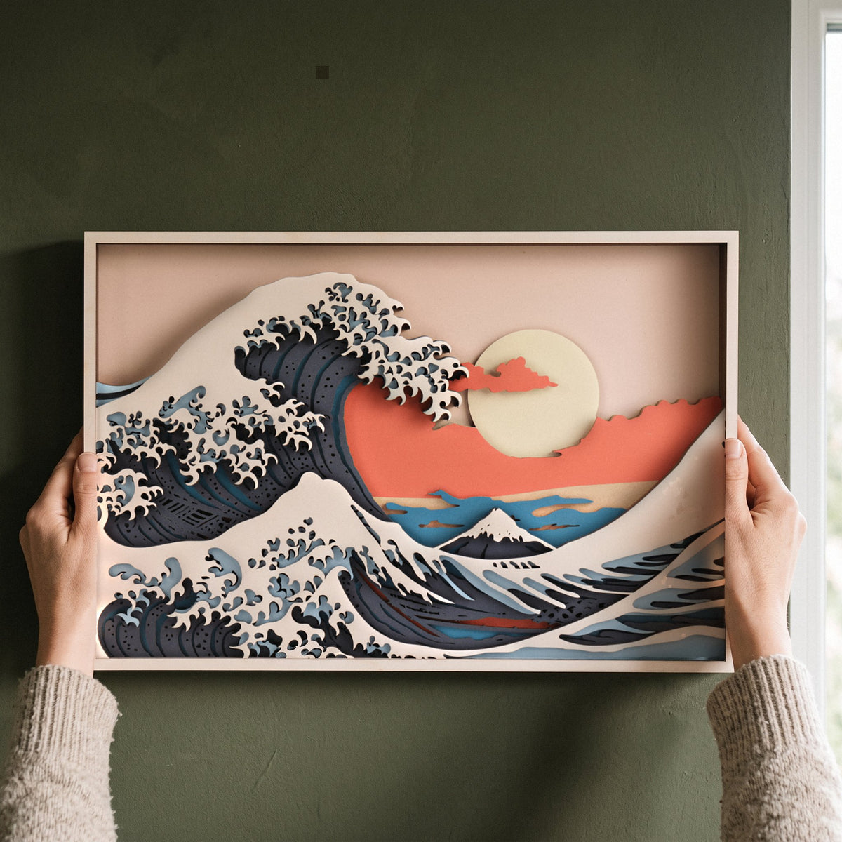Magic Wall Art | 3D Wall Art: Two Hands Holding "The Great Wave" Against the Wall to Find the Right Spot
