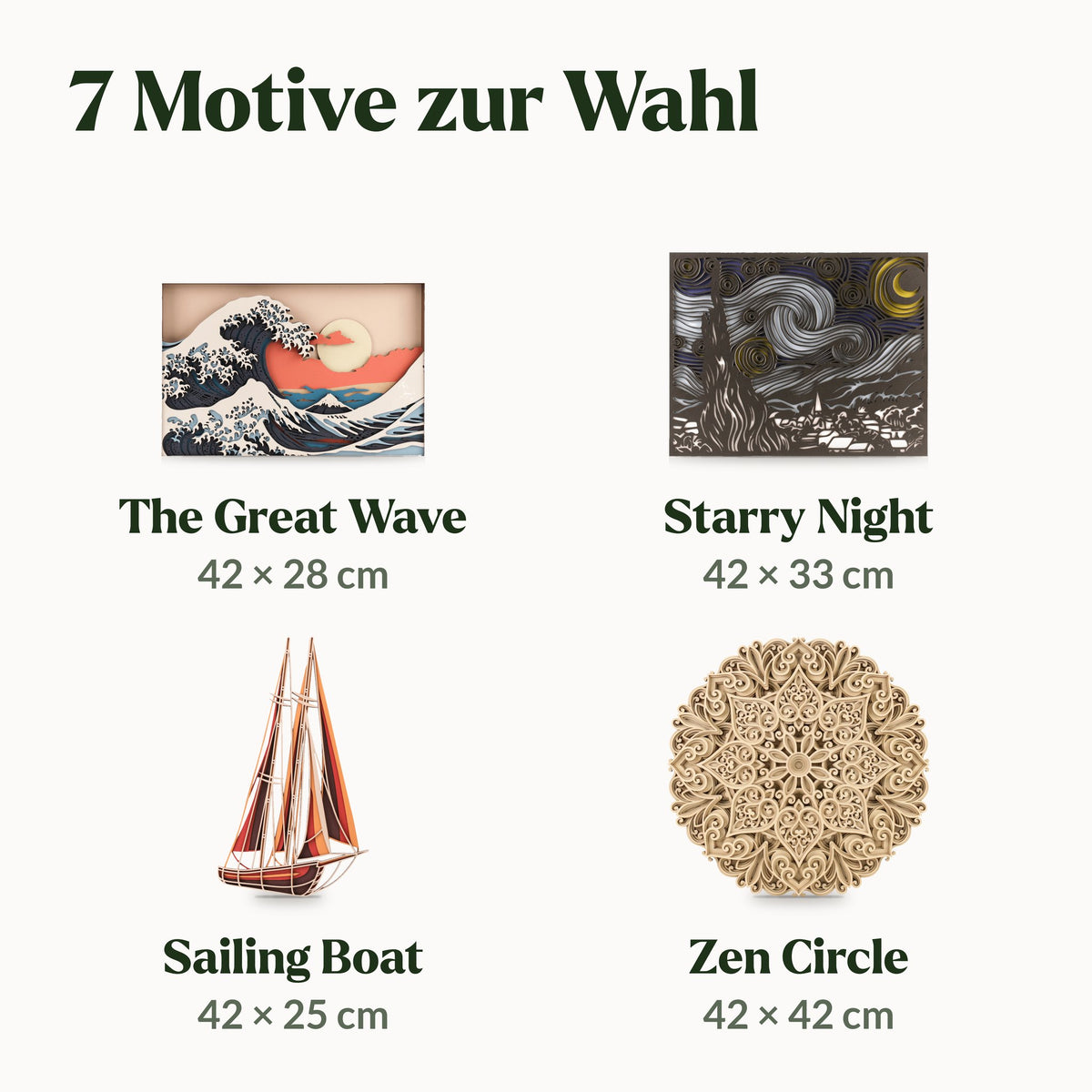 Magic Wall Kunst | 3D-wandschilderijen, vier van de zeven motieven op schaal naast elkaar, met afmetingen in centimeters
