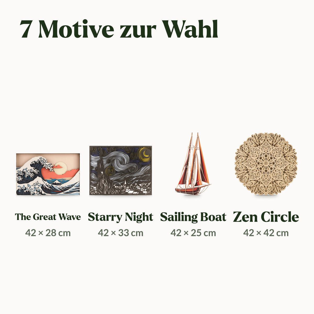 Magic Wall Art | 3D wall murals, four of seven designs displayed side by side to scale, with dimensions in centimeters