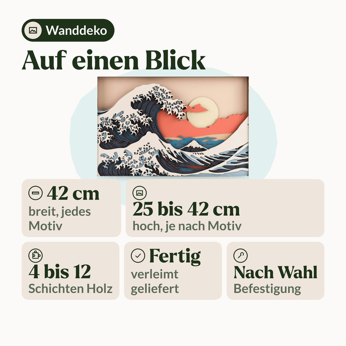 Magic Wall Kunst | 3D-wanddecoraties, overzicht met breedte, hoogte, lagen, leveringsstaat en bevestiging