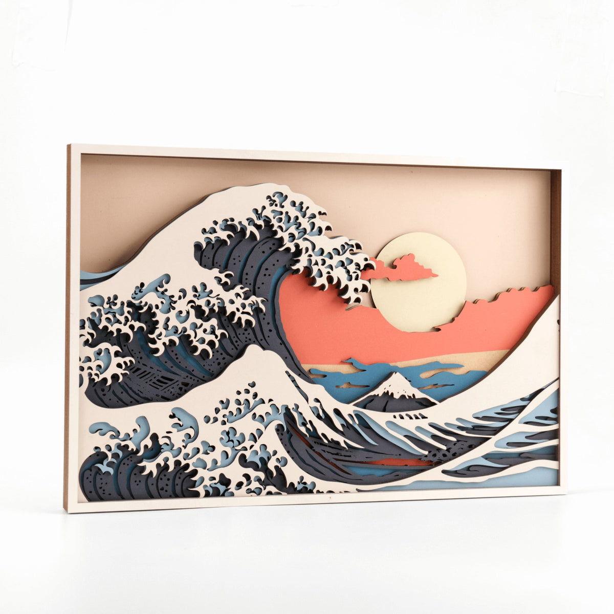 Magic Wall Art | 3D Wall Art, "The Great Wave" motif viewed from a diagonal front angle on a light background, 9 layers