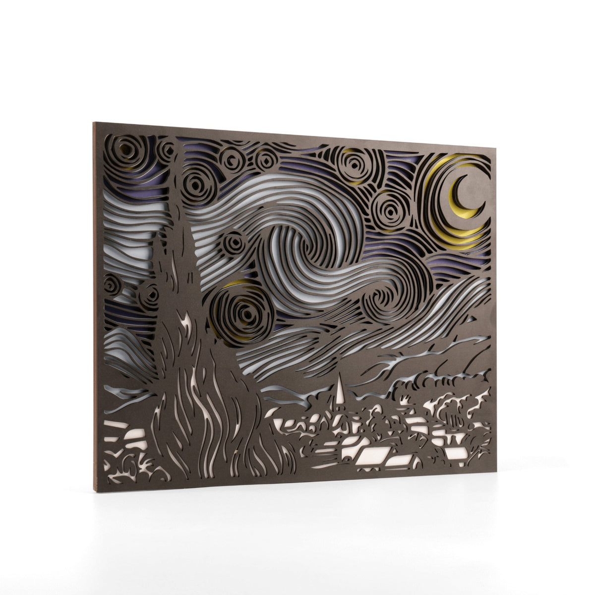 Magic Wall Art | 3D Wall Murals, "Starry Night" design viewed at an angle from the front on a light background, 5 layers